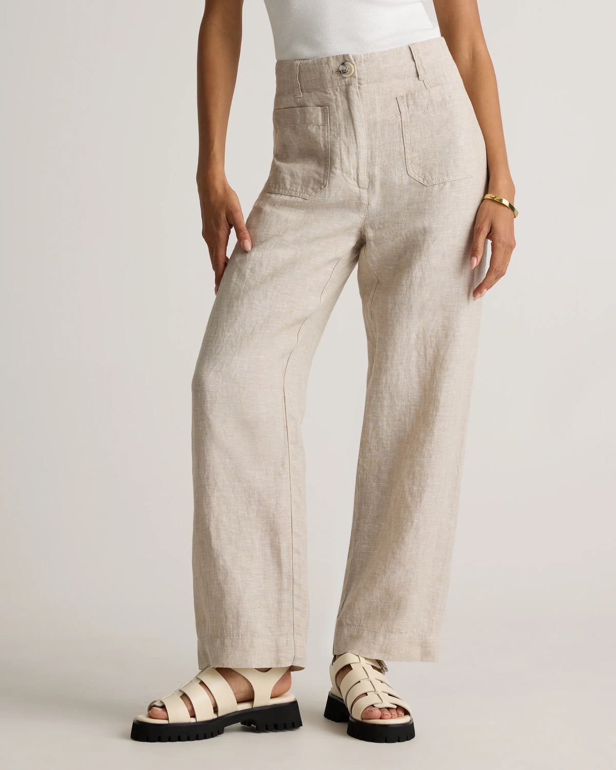 100% European Linen Patch Pocket Wide Leg Pants - 0 / Taupe Brown Chambray