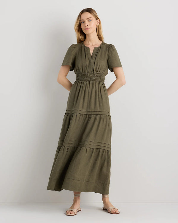 100% European Linen Tiered Maxi Dress - XS / Ivory Porcelain Blue Petite Floral