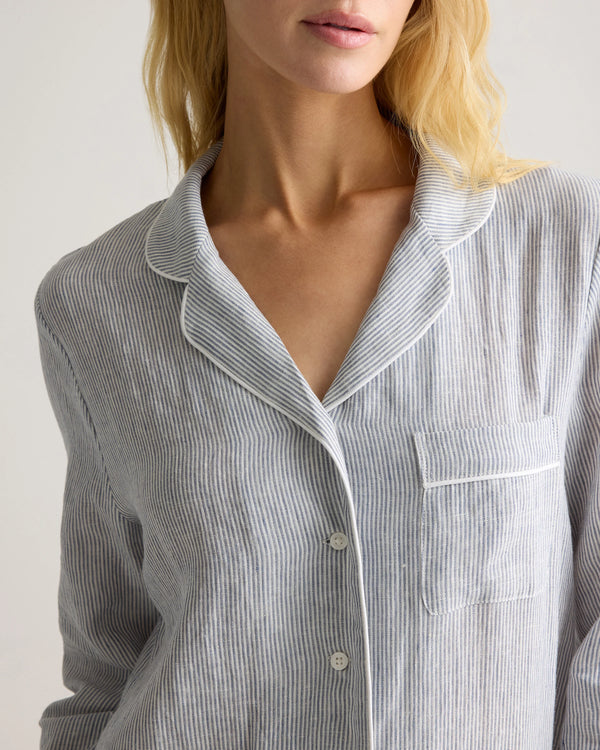 100% European Linen Long Sleeve Pajama Set with Piping - XS / Taupe Brown Gingham