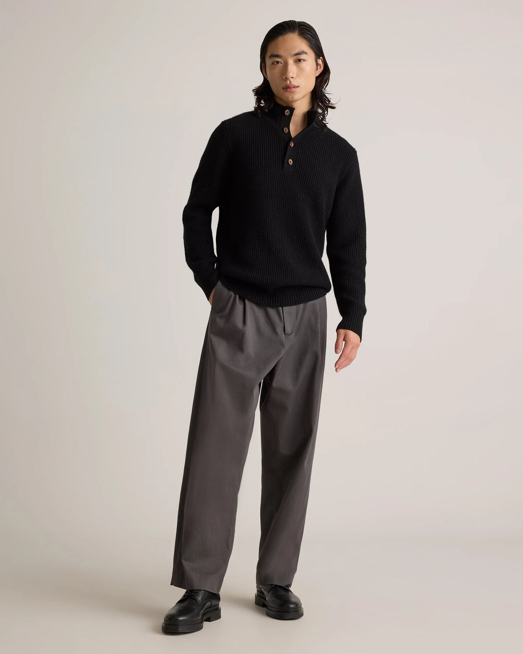 Mongolian Cashmere Waffle Quarter Button Sweater - S / Elk Brown