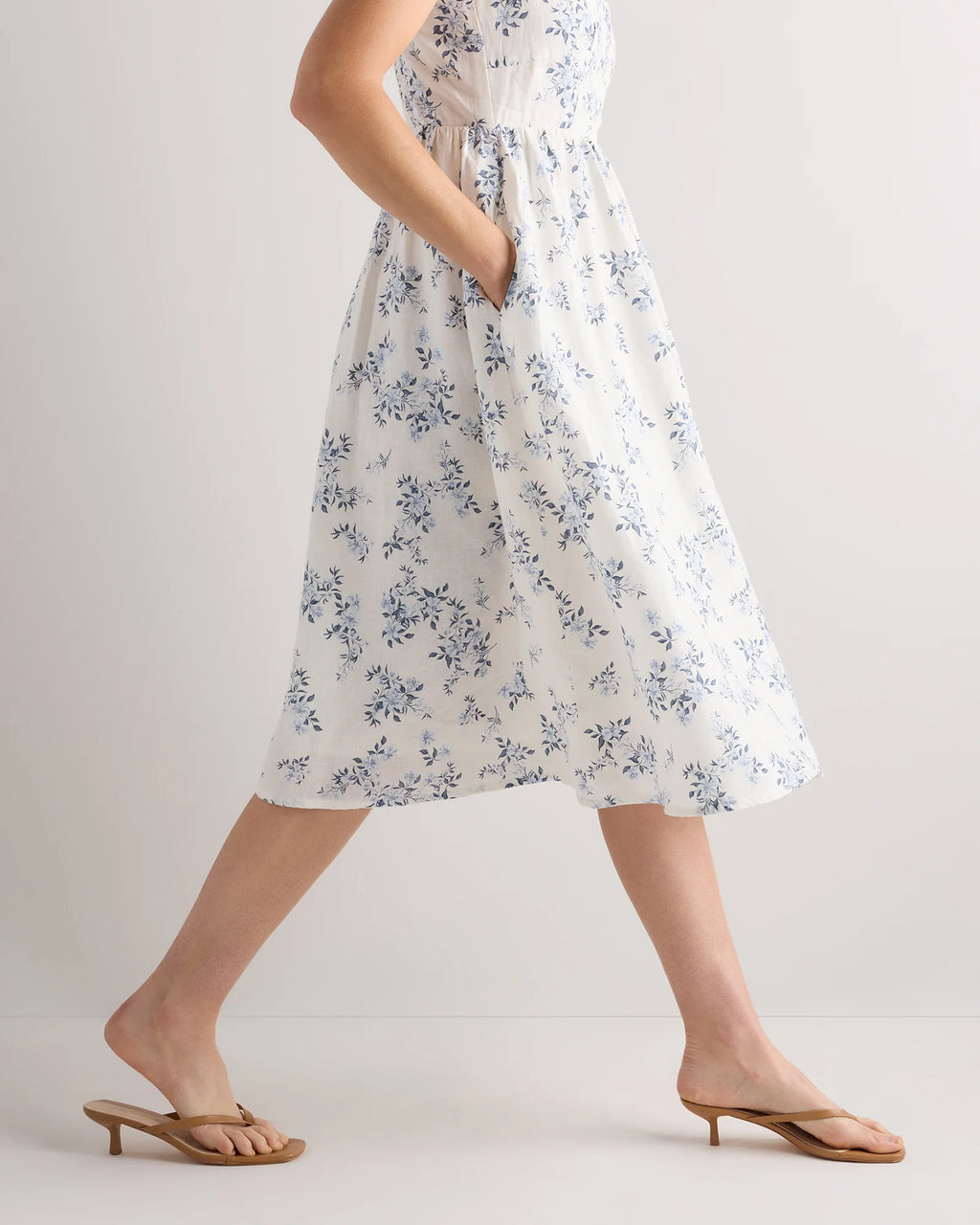 100% European Linen Fit & Flare Midi Dress - XS / Ivory Porcelain Blue Petite Floral