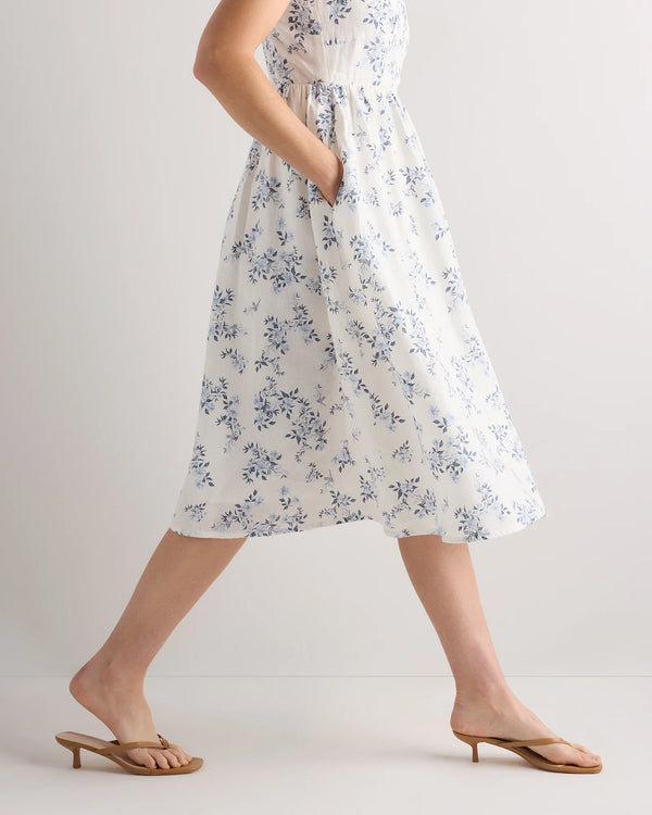 100% European Linen Fit & Flare Midi Dress - XS / Ivory Porcelain Blue Petite Floral