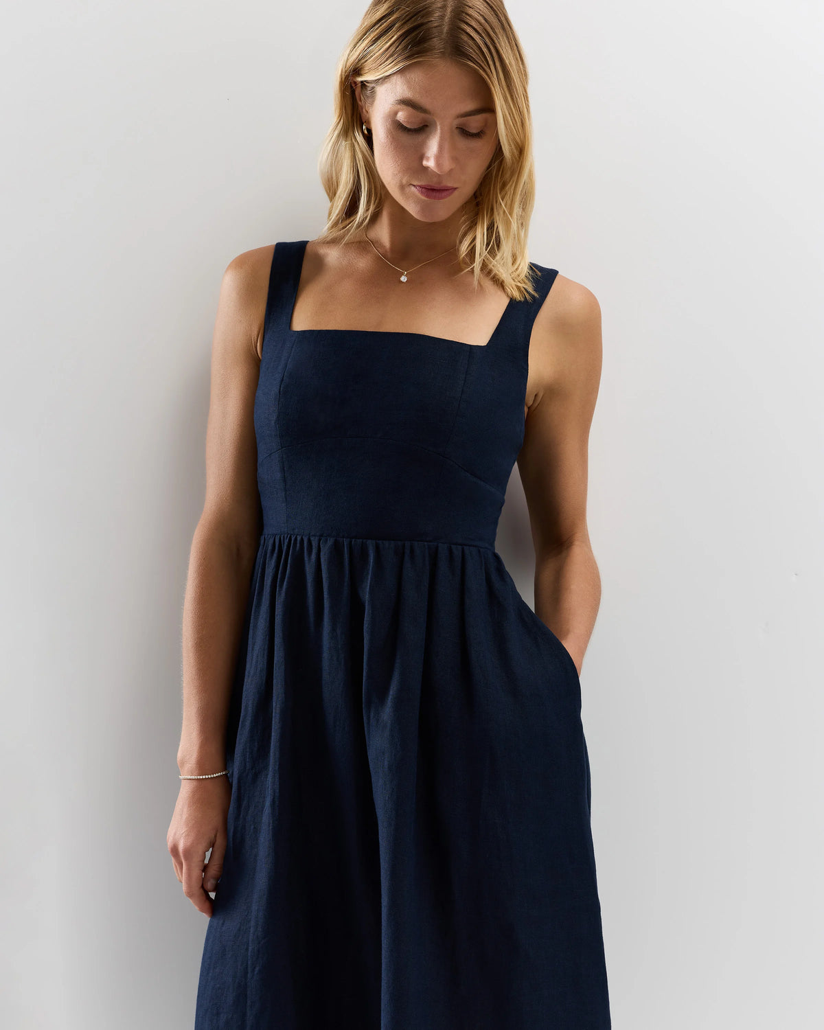 100% European Linen Fit & Flare Midi Dress - XS / Ivory Porcelain Blue Petite Floral
