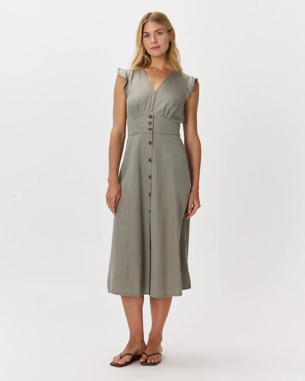 Vintage Wash Tencel Button Front Midi Dress - XS / Olive