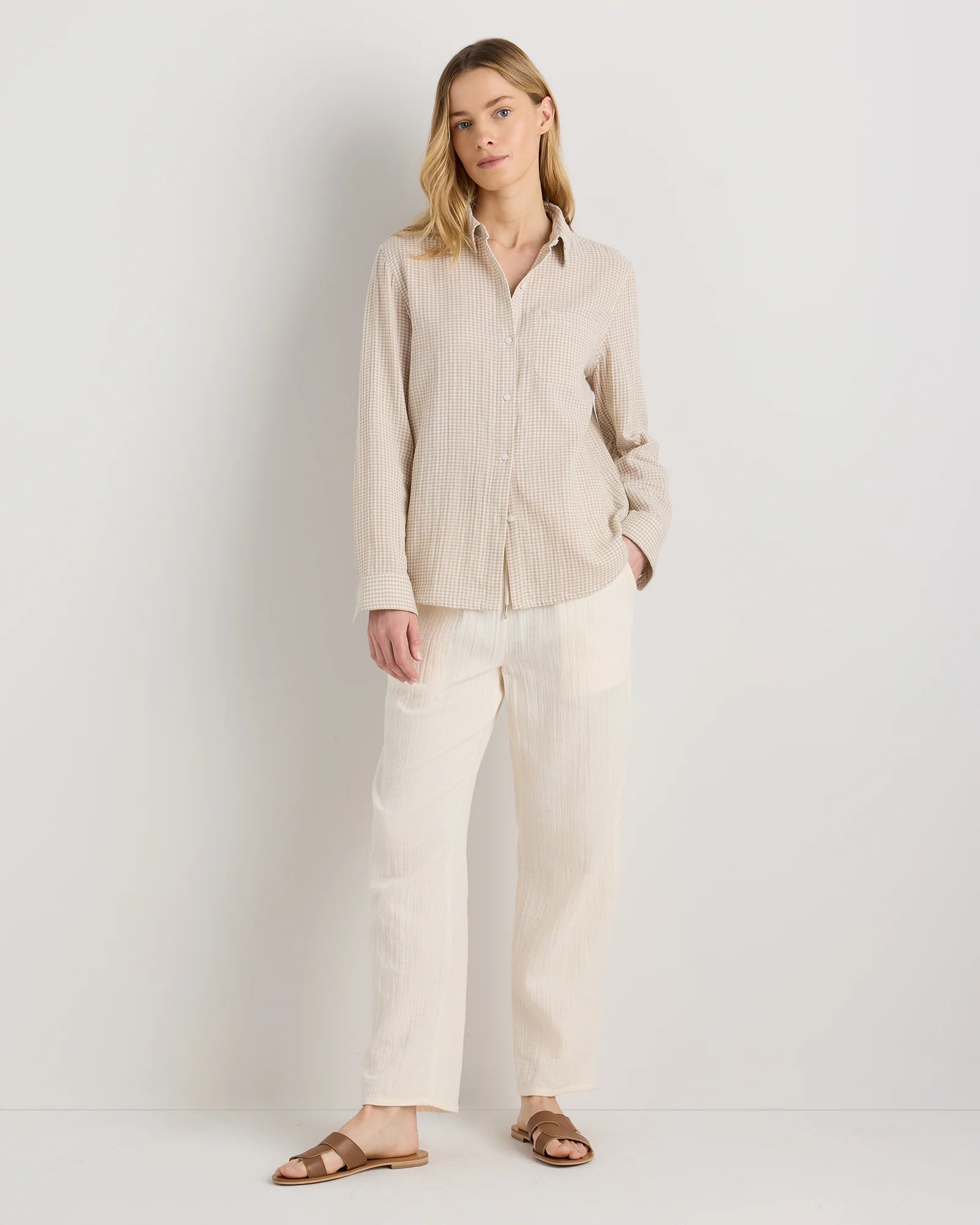 100% Organic Cotton Gauze Long Sleeve Shirt - XS / Khaki Gingham Secondary image