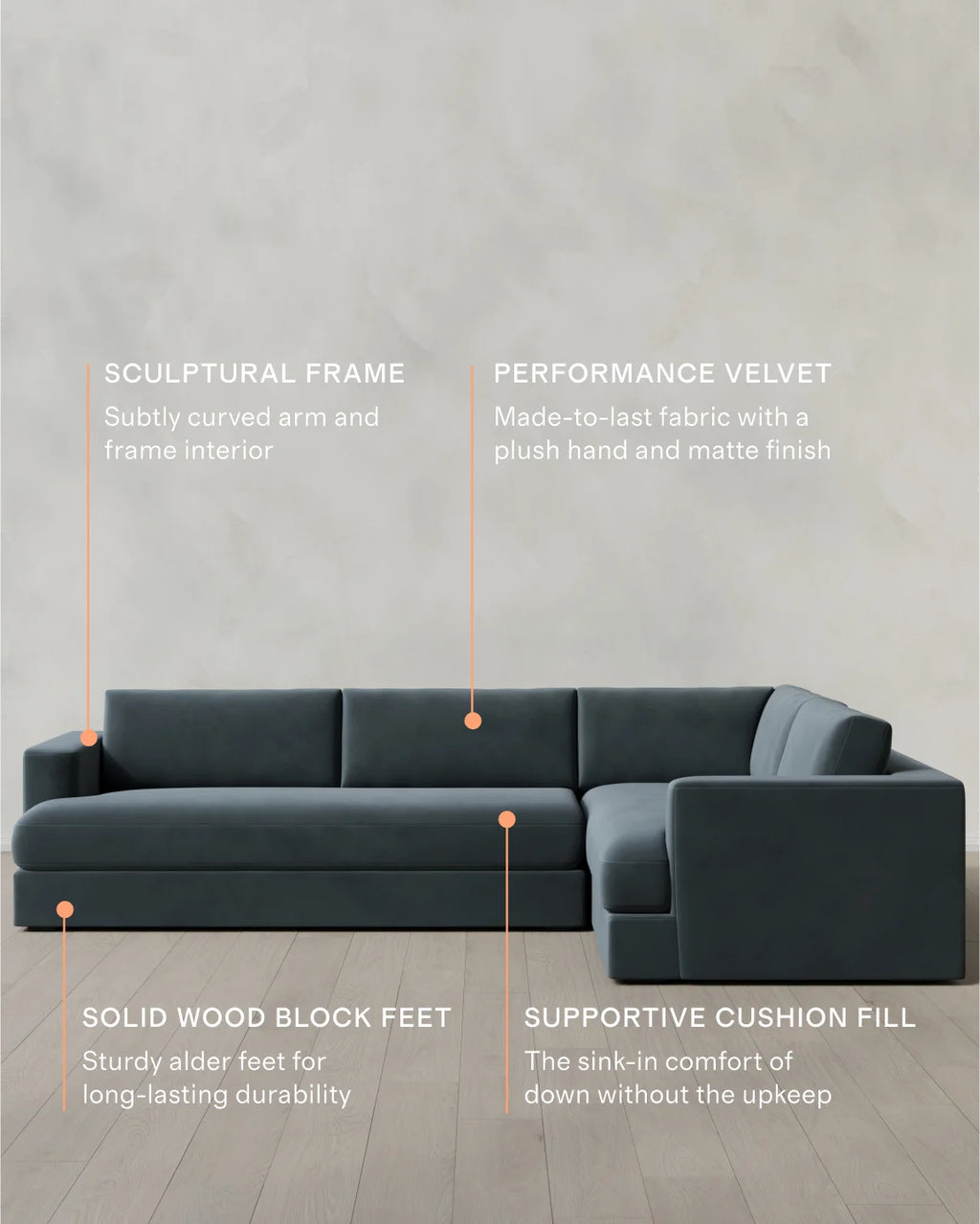Sierra Curved Arm L Sectional in Performance Velvet - Right Arm / Sable