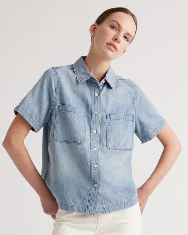 Distressed Denim Short Sleeve Shirt - XS / Light Chambray