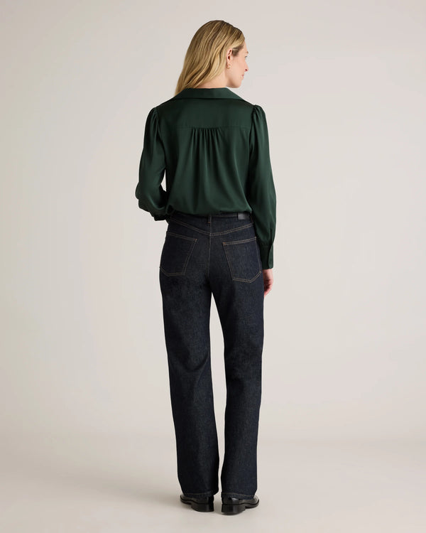 Washable Stretch Silk Split Neck Blouse - XS / Forest Green