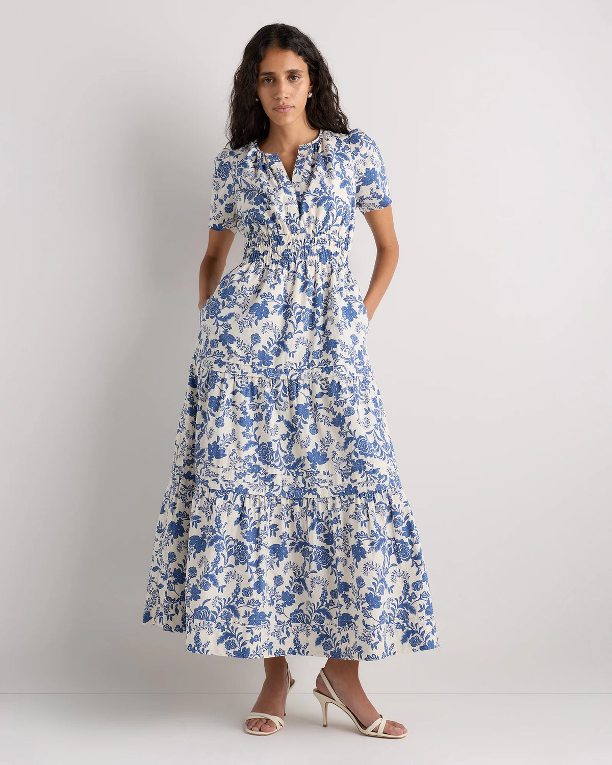 100% Organic Cotton Poplin Tiered Maxi Dress - XS / Riviera Blue Heirloom Floral Main image