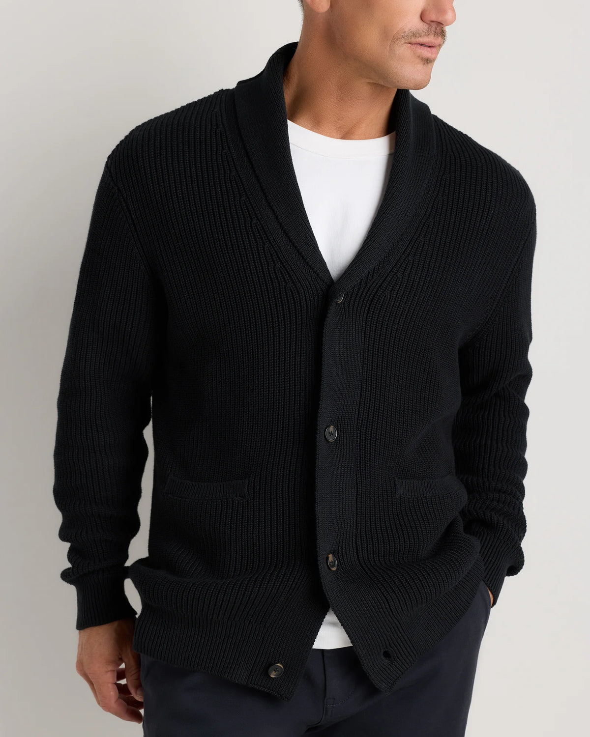 100% Organic Cotton Ribbed Shawl-Collar Cardigan Sweater - S / Bayberry Olive