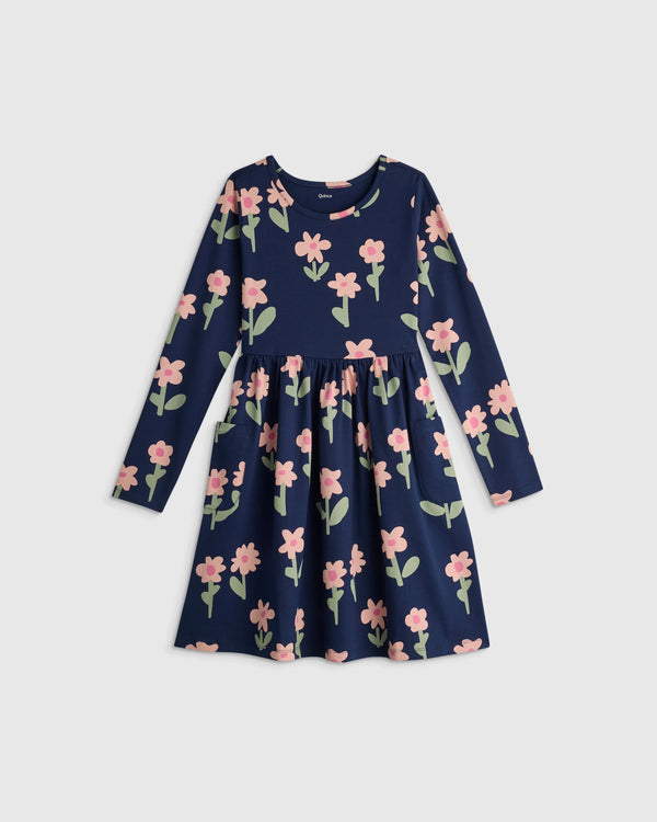 Organic Cotton Long Sleeve Fit and Flare Pocket Dress - 2T / Purple Poppy Garden