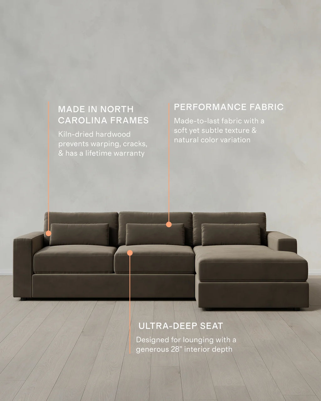 Ashford Deep Seat Chaise Sectional in Performance Velvet - 119" Right Arm / Rust