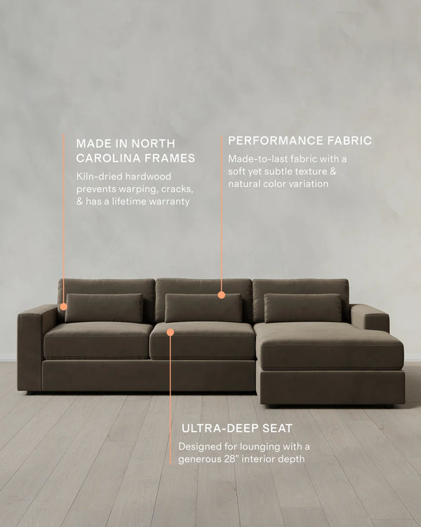 Ashford Deep Seat Chaise Sectional in Performance Velvet - 119" Right Arm / Rust