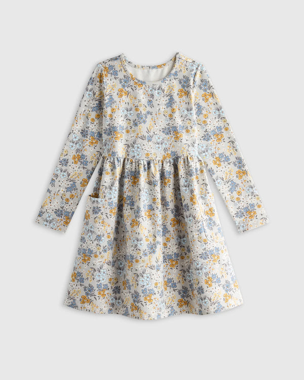 Organic Cotton Long Sleeve Fit and Flare Pocket Dress - 6 / Purple Poppy Garden