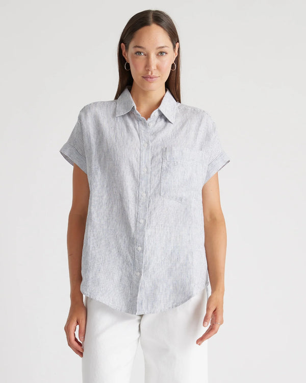 100% European Linen Camp Shirt - XS / Sky Blue Mariner Stripe