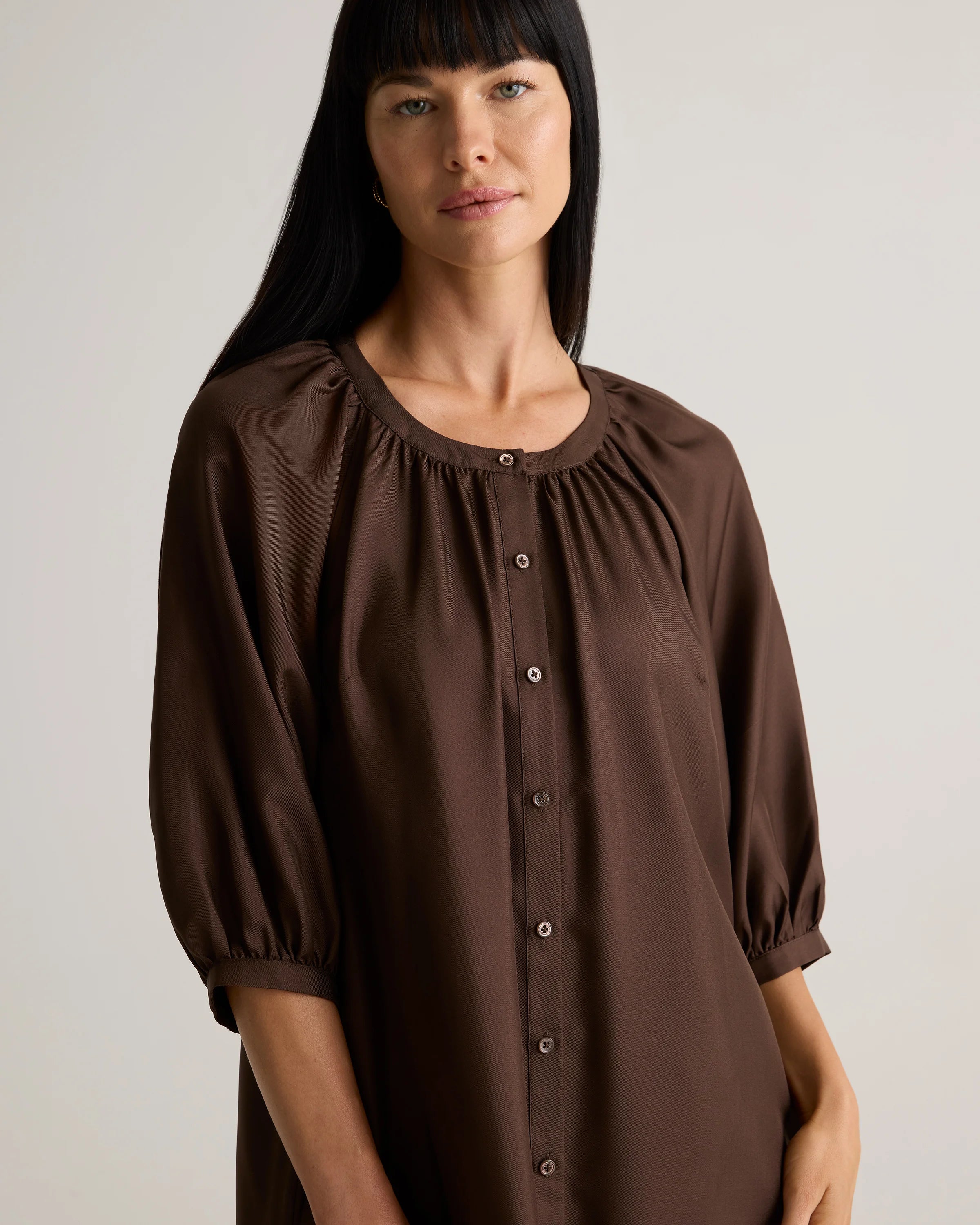 100% Silk Twill Button Front Mini Dress - XS / Hot Fudge Secondary image
