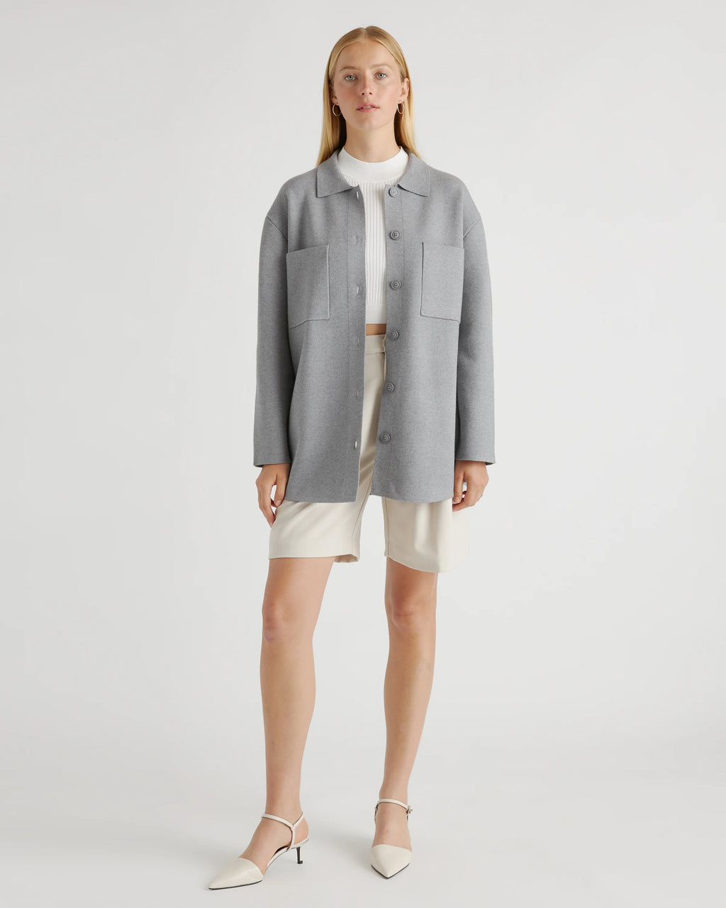 Eco-Knit Milano Stitch Oversized Shirt Jacket - XS / Heather Grey