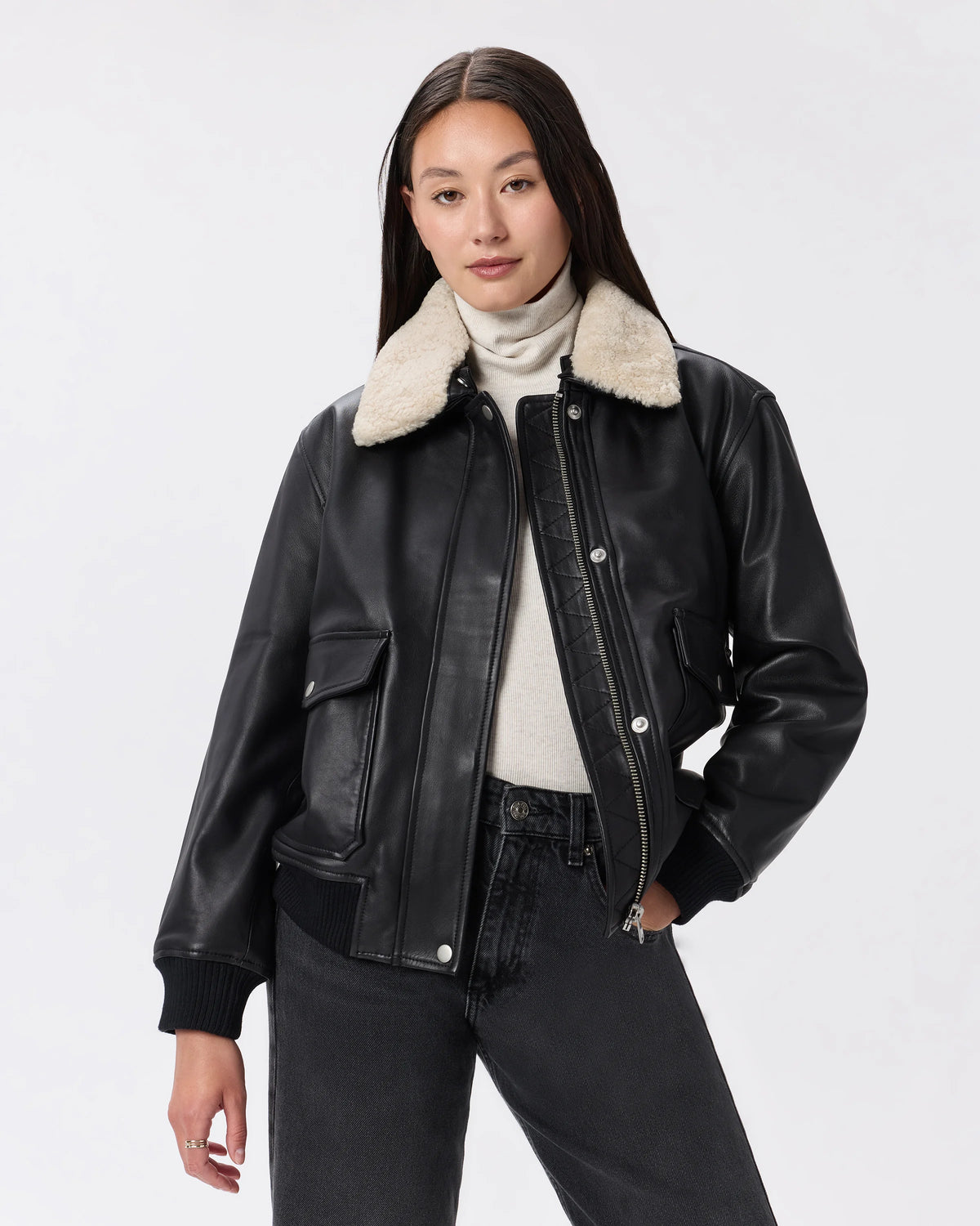 100% Leather Shearling Trim Aviator Jacket - XS / True Black