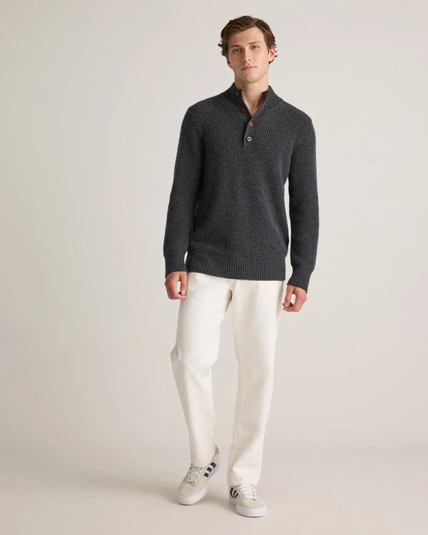 Mongolian Cashmere Waffle Quarter Button Sweater - S / Elk Brown