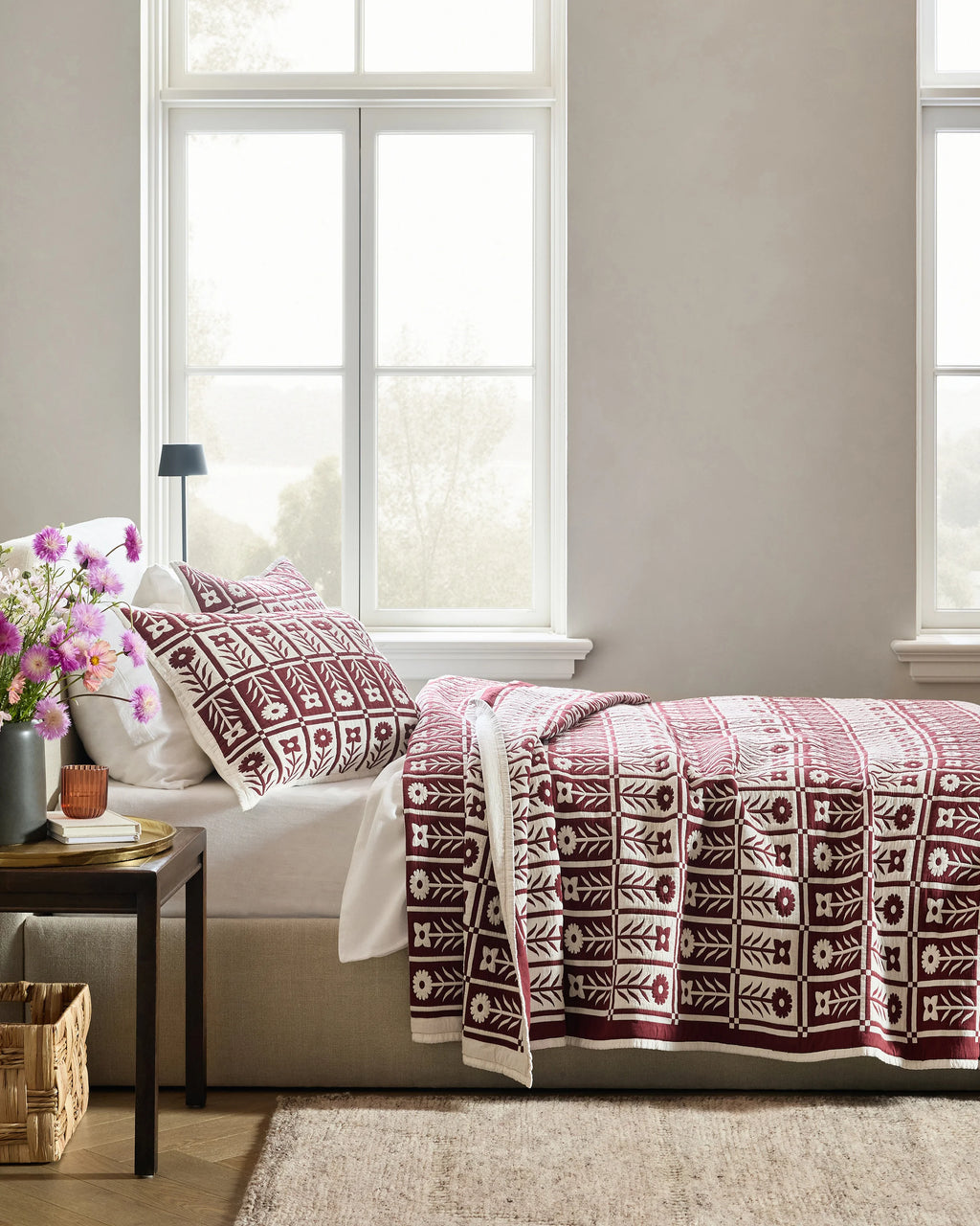 Organic Cotton Jacquard Floral Coverlet Set - Twin / Blue Fog