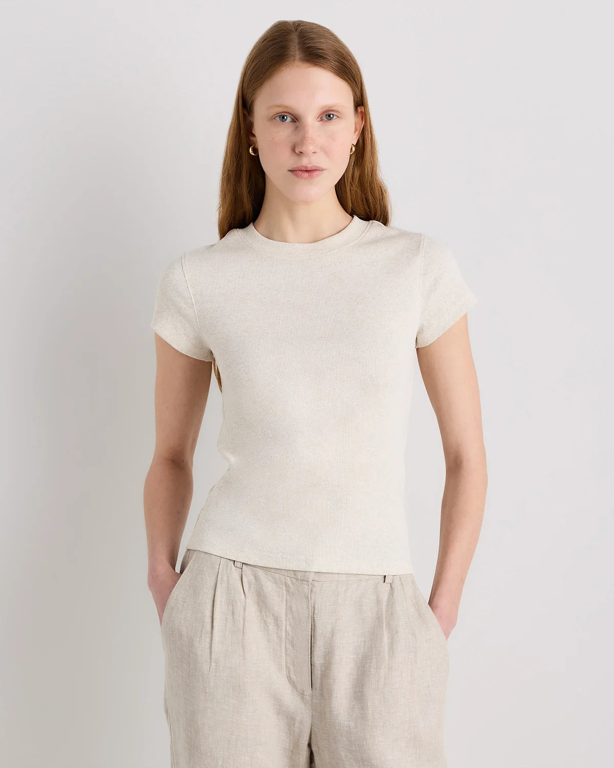 Organic Cotton Micro-Rib Crewneck Tee - XS / Heather Oatmeal Main image