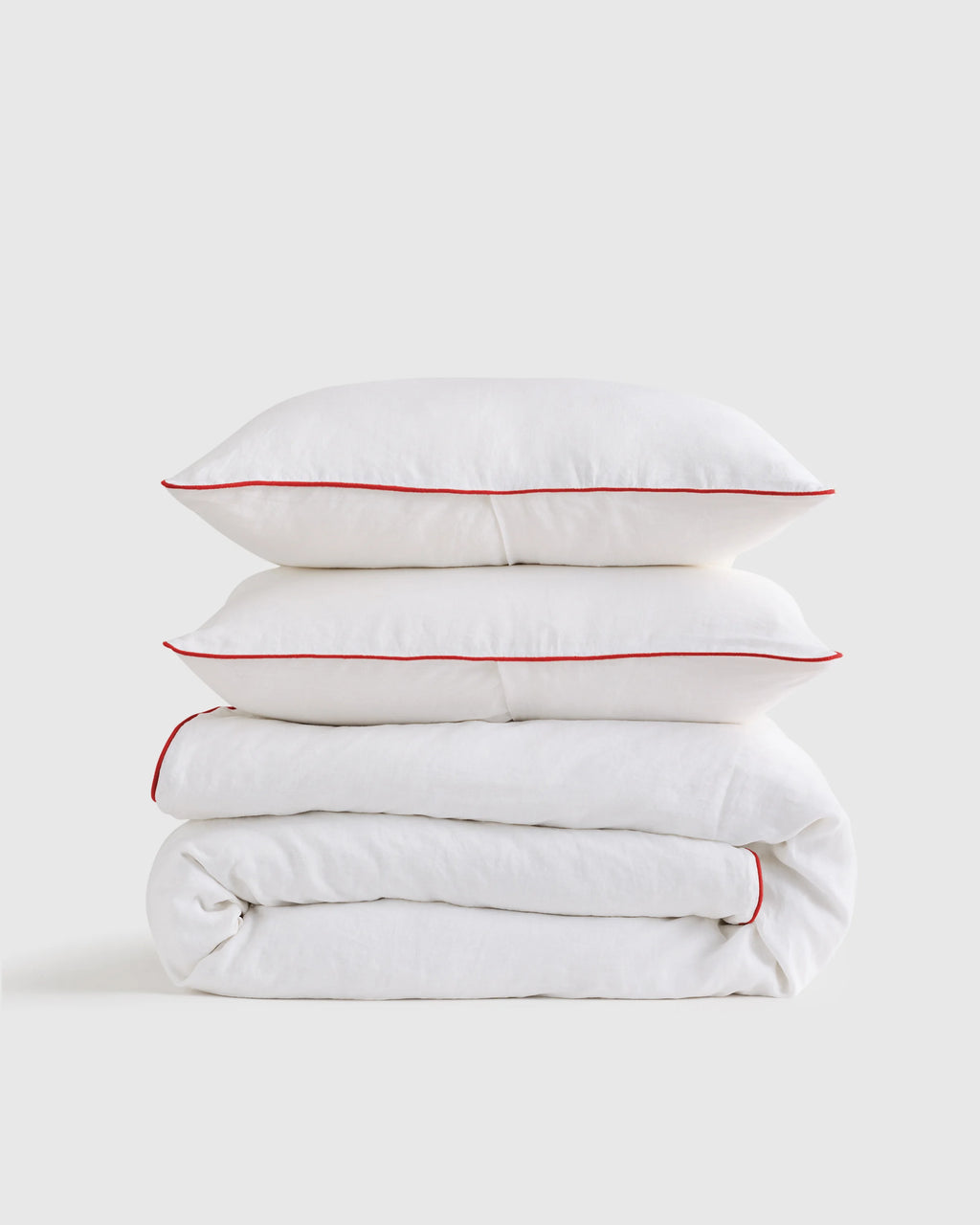 European Linen Piped Duvet Cover Set - Twin / White/Cherry