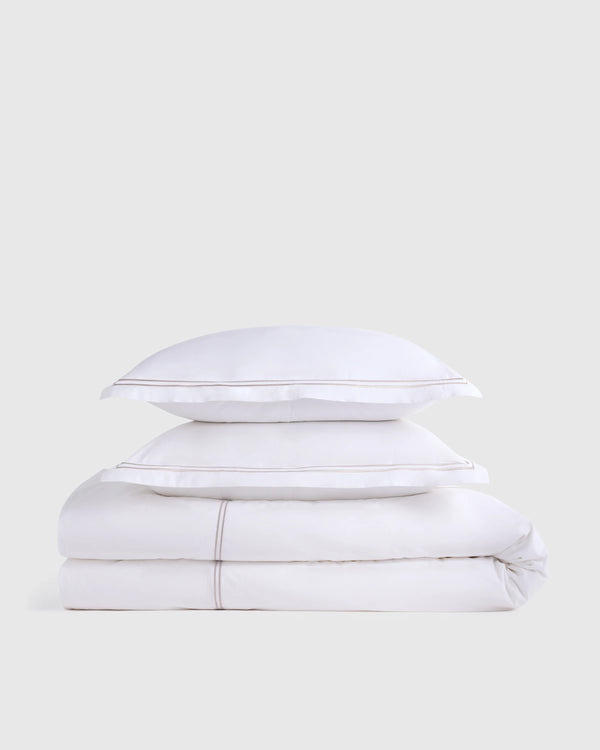 Organic Crisp Percale Embellished Duvet Cover Set - Twin / White/Navy