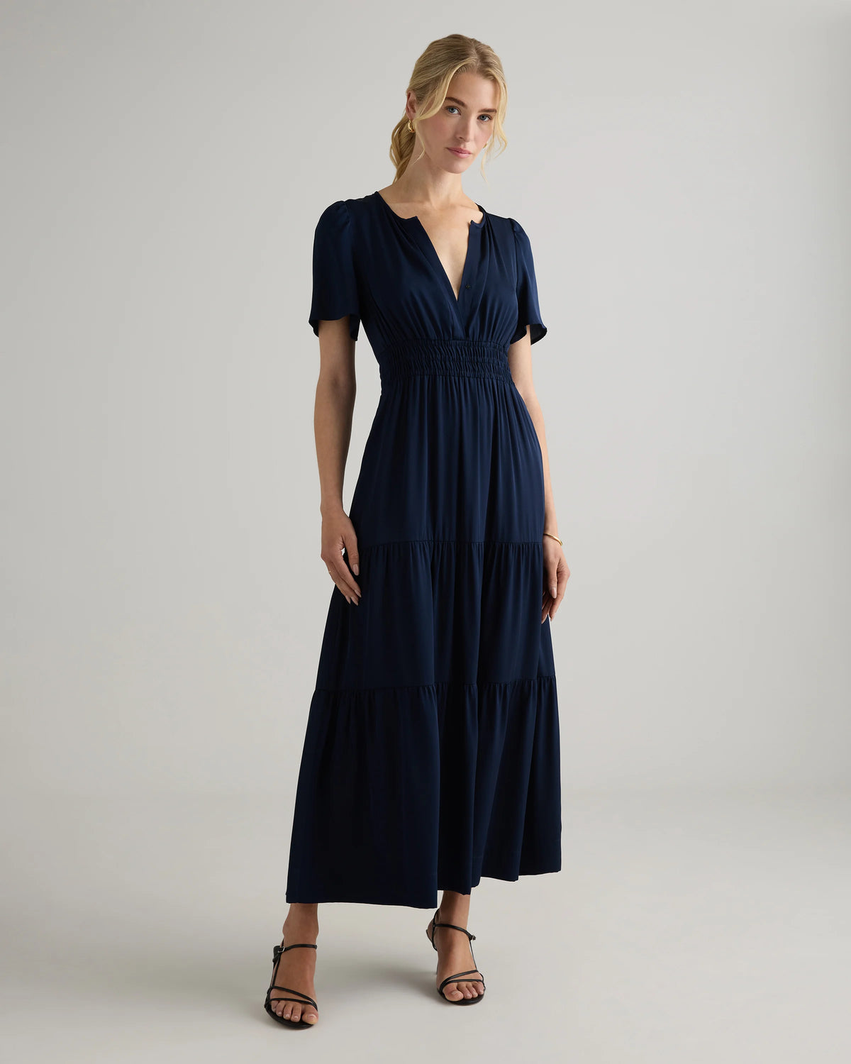 Washable Stretch Silk Tiered Maxi Dress - XS / Navy Main image