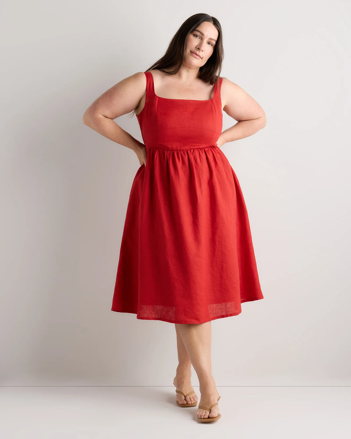 100% European Linen Fit & Flare Midi Dress - 1X / Chile Main image
