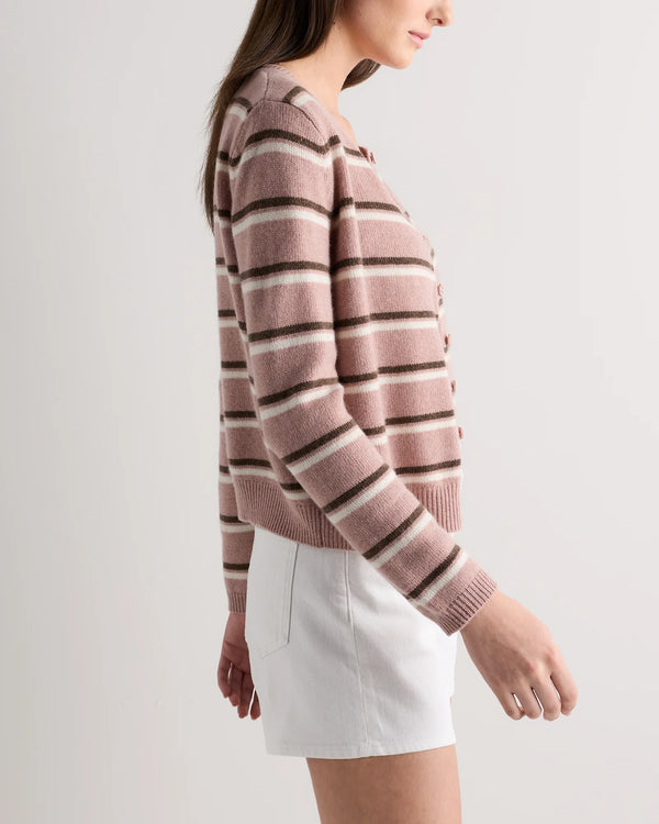 Mongolian Cashmere Cropped Crew Cardigan - XS / Heather Vintage Pink / Brown Variegated Stripe