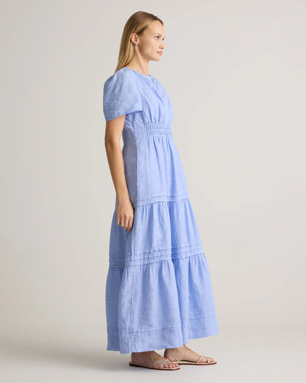 100% European Linen Tiered Maxi Dress - XS / Ivory Porcelain Blue Petite Floral