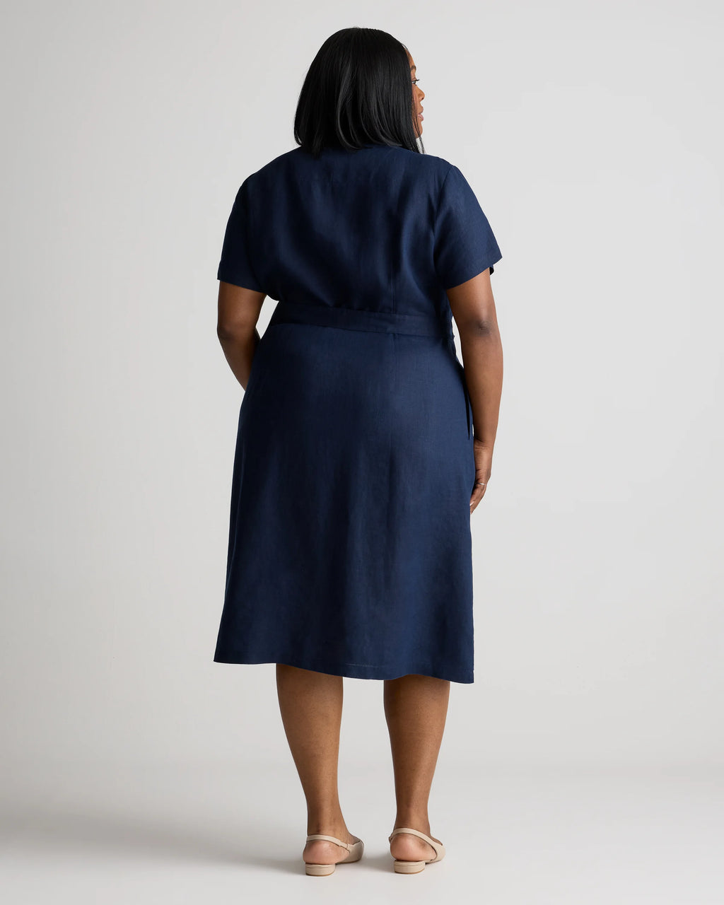 100% European Linen Button Front Dress - 1X / Blue Pinstripe