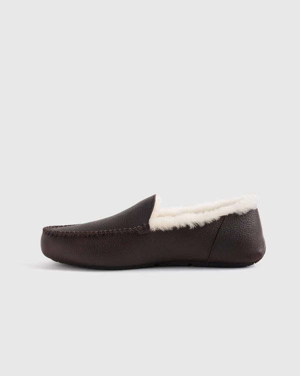 Italian Leather Handstitched Moccasin Slipper - 7 / Black