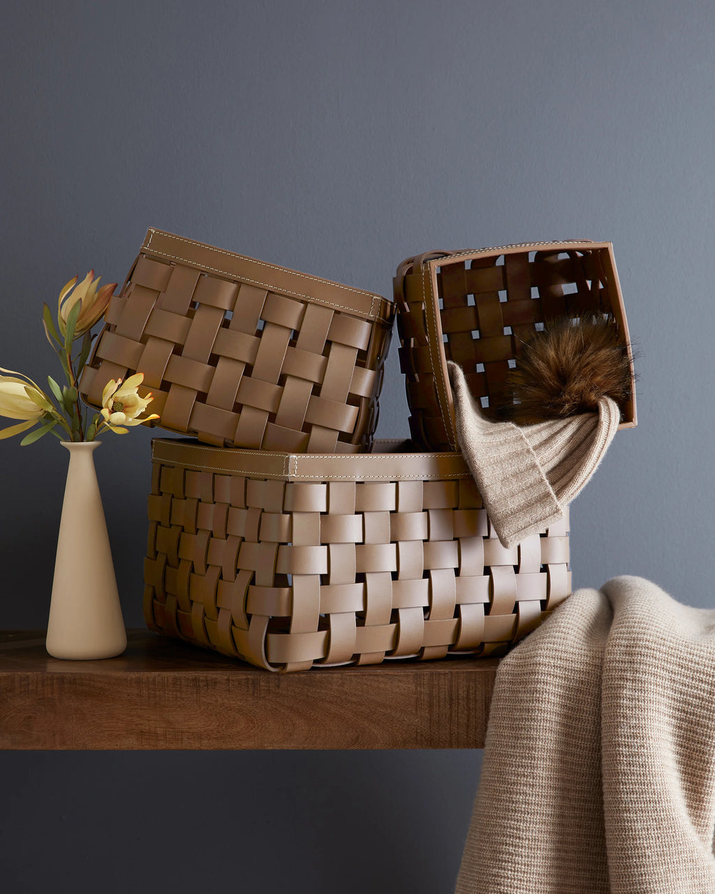 Recycled Woven Leather Baskets (set of 3) - One Size / Cognac