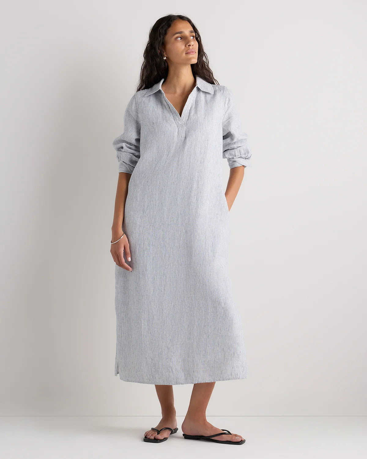 100% European Linen Popover Maxi Dress - XS / Blue Pinstripe Main image