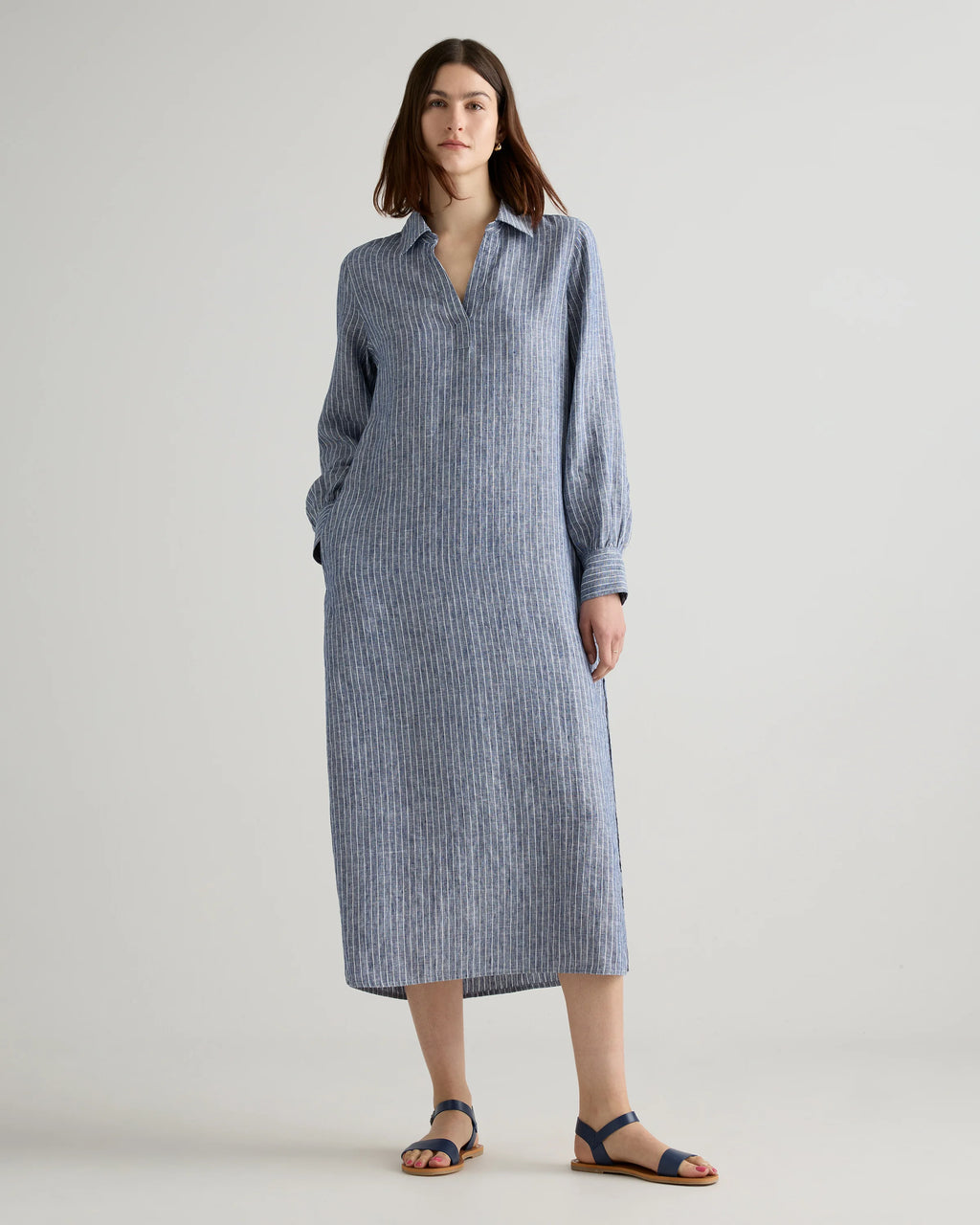 100% European Linen Popover Maxi Dress - XS / Blue Pinstripe