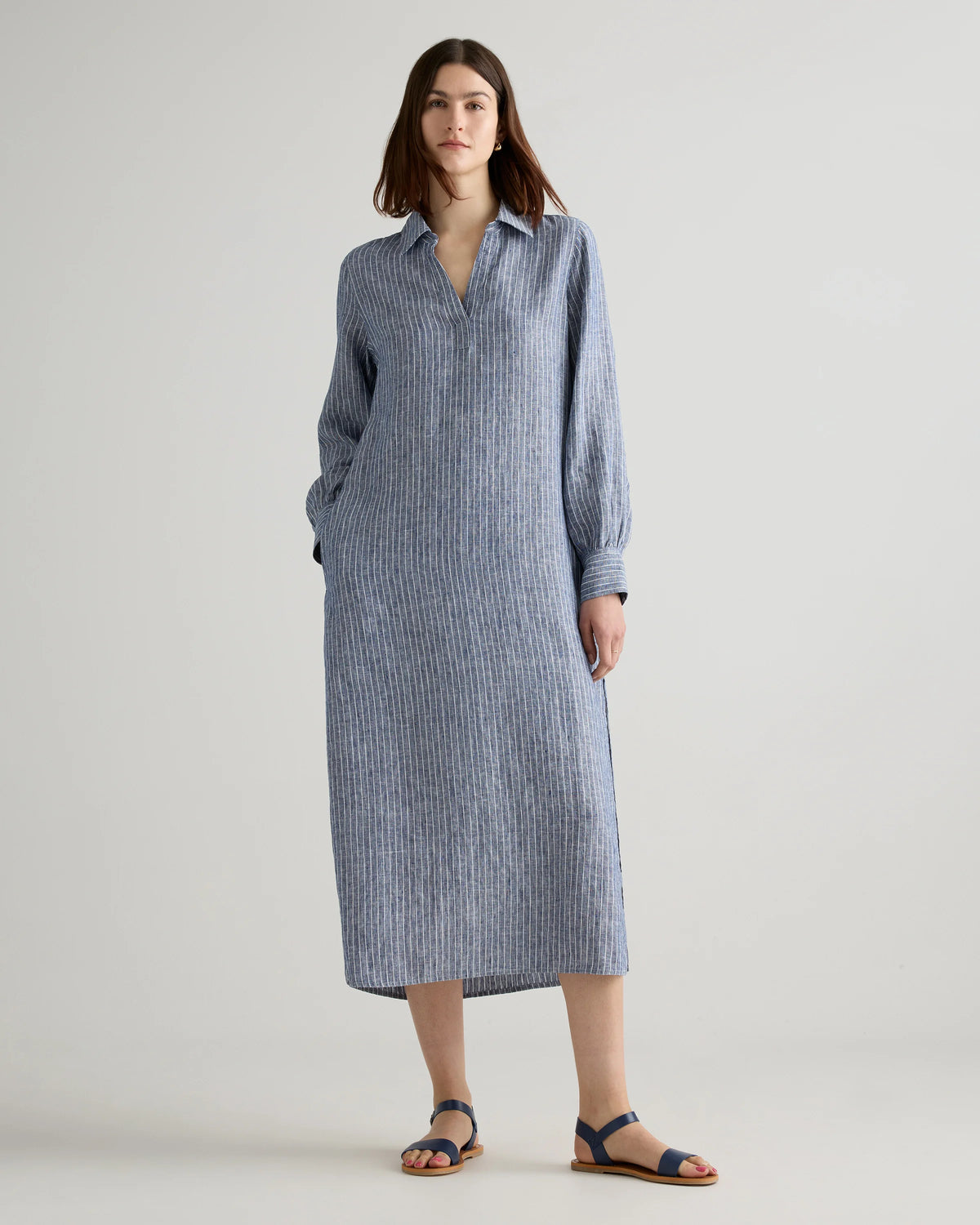 100% European Linen Popover Maxi Dress - XS / Blue Pinstripe