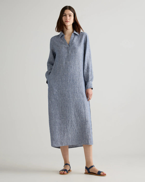 100% European Linen Popover Maxi Dress - XS / Blue Pinstripe