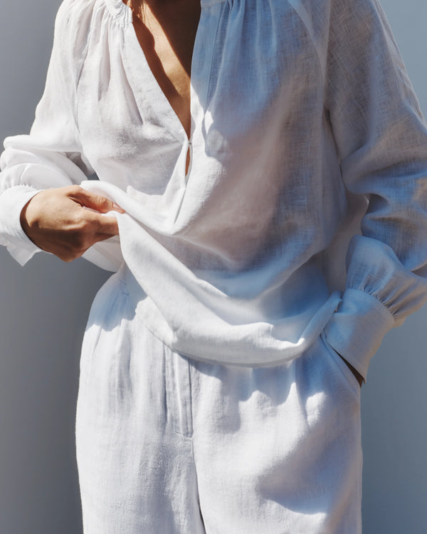 100% European Linen Peasant Top - XS / White