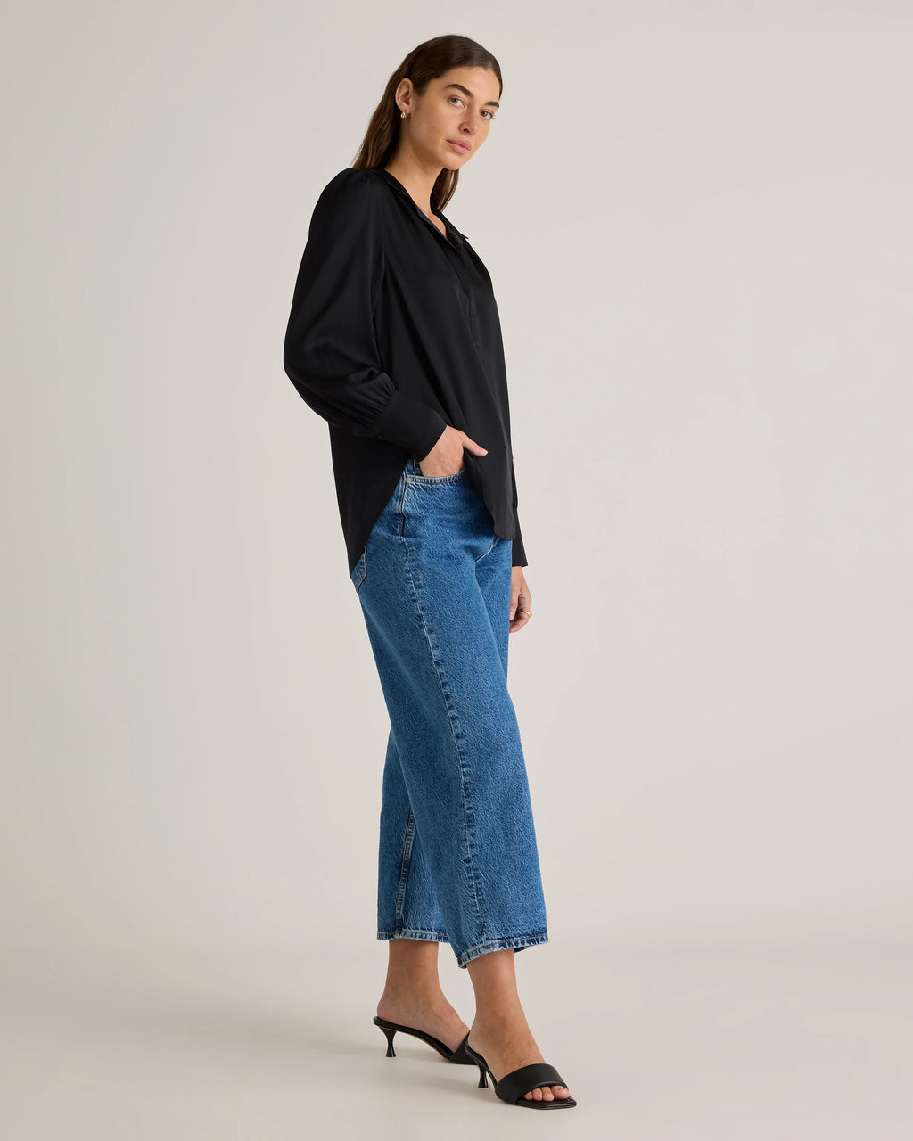 Washable Stretch Silk Split Neck Blouse - XS / Forest Green