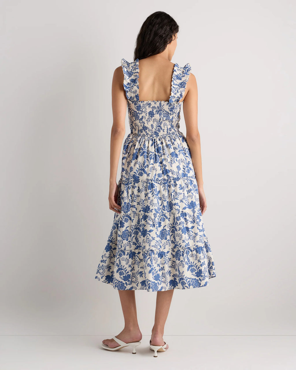 100% Organic Cotton Poplin Smocked Midi Dress - XS / Riviera Blue Heirloom Floral