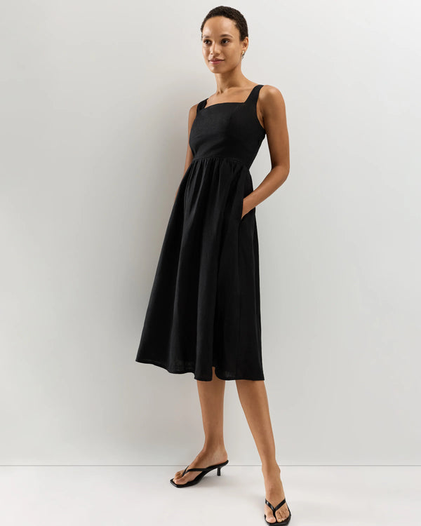 100% European Linen Fit & Flare Midi Dress - XS / Brick Red Heirloom Floral