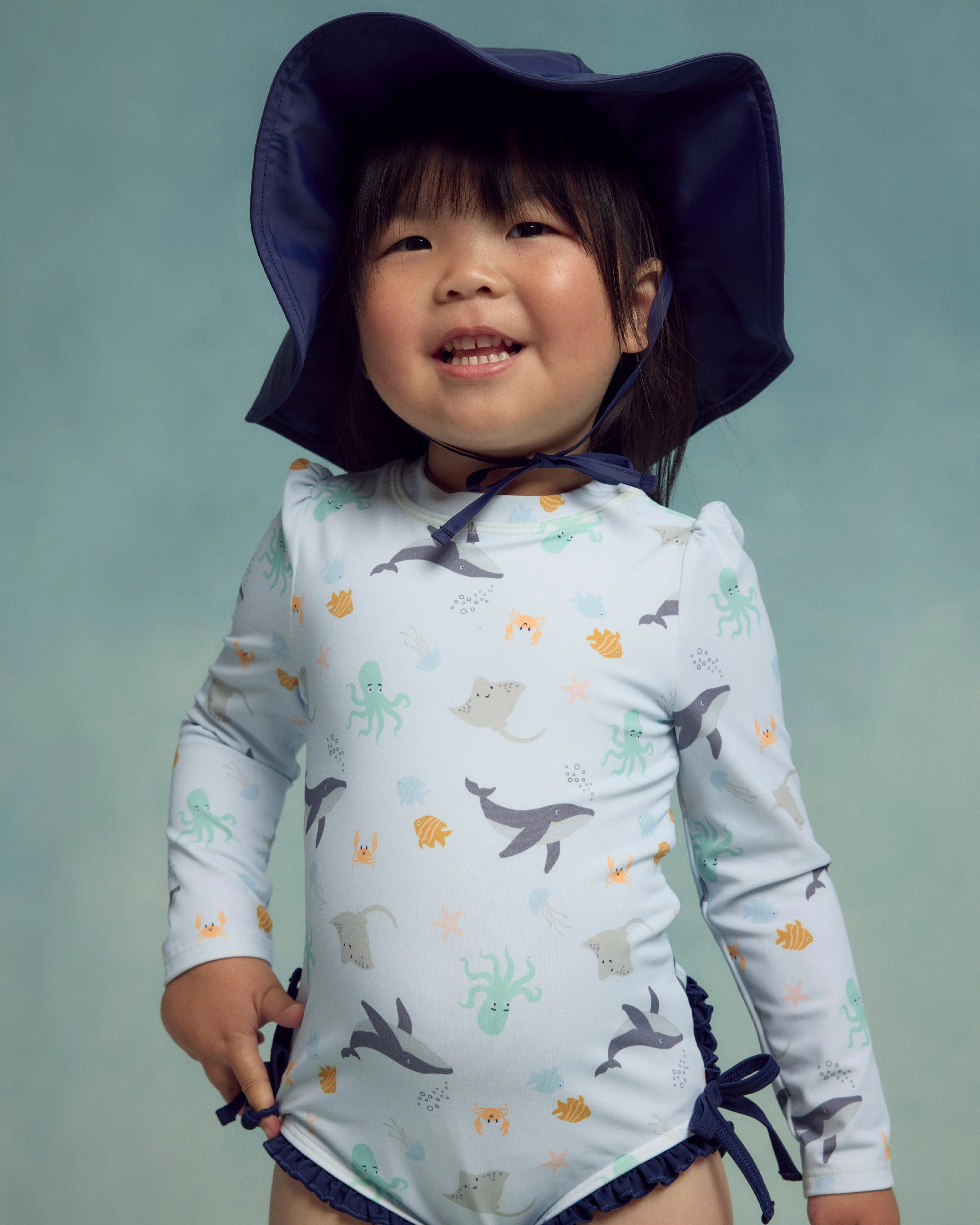 Sunsafe Ruffle One-Piece Rash Guard & Hat Set - 0-3M / Under the Sea/Waves Secondary image
