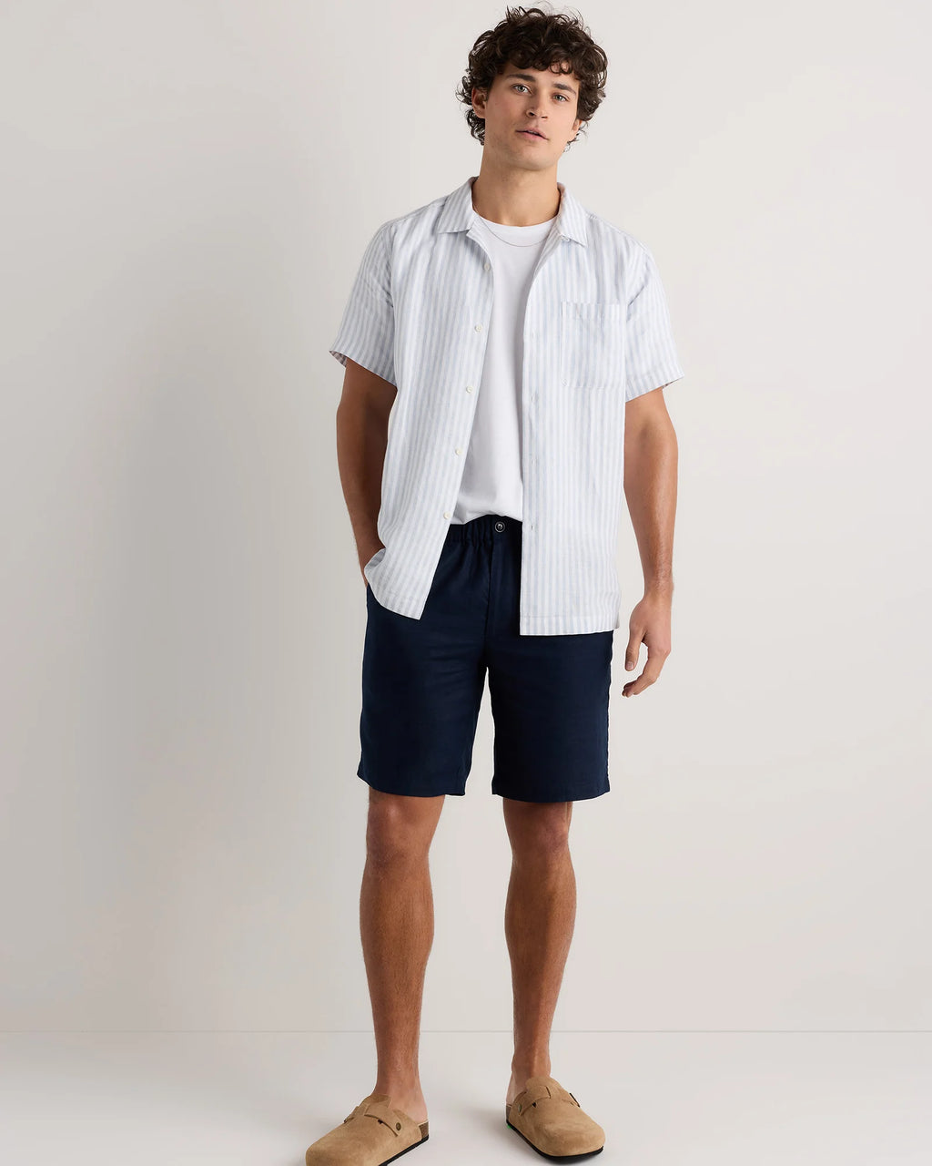 100% European Linen Camp Shirt - XS / Sky Blue Mariner Stripe