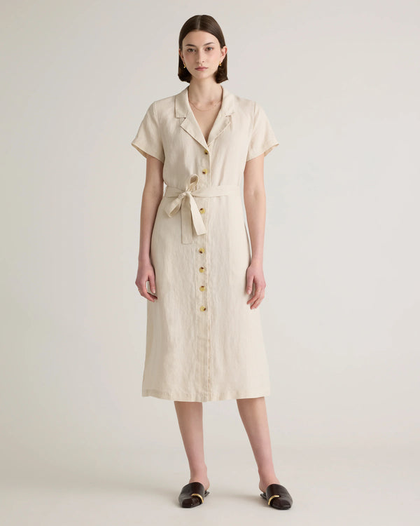 100% European Linen Button Front Dress - XS / Sky Blue Mariner Stripe