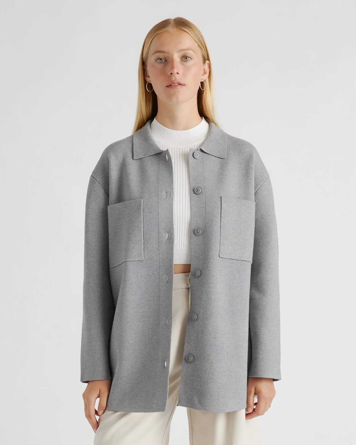 Eco-Knit Milano Stitch Oversized Shirt Jacket - XS / Heather Grey
