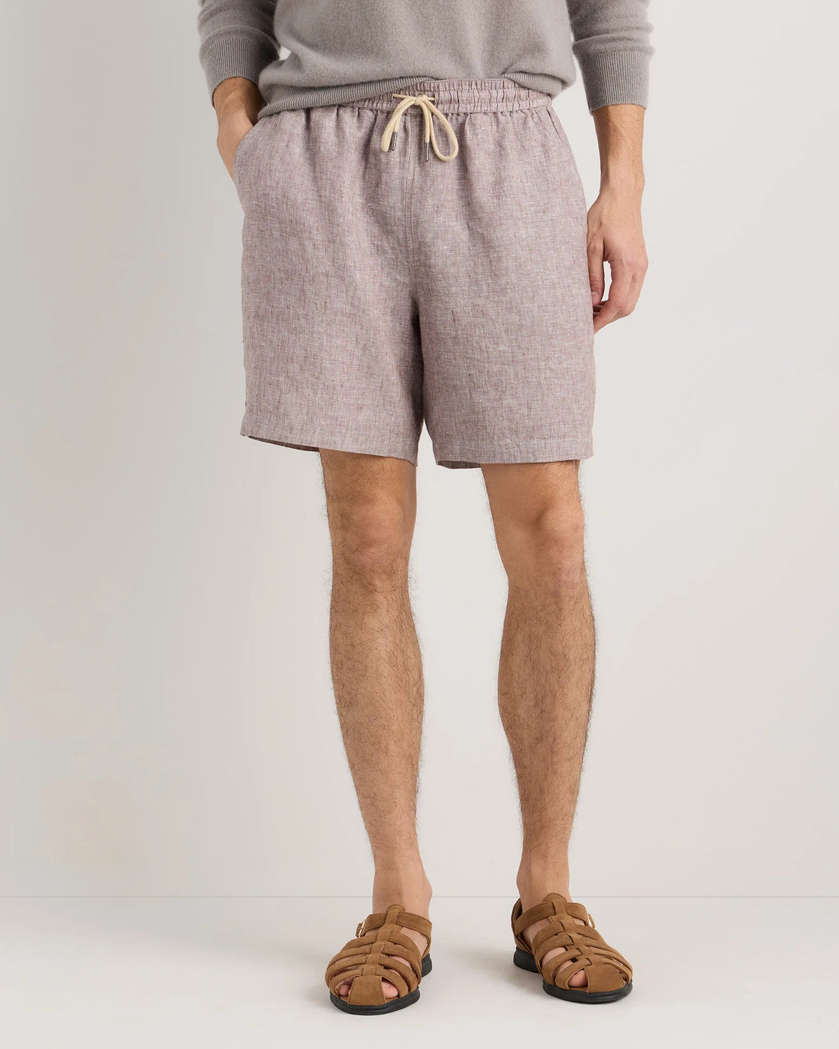 100% European Linen Drawstring Beach Shorts - 7" - XS / Taupe Brown Chambray Main image