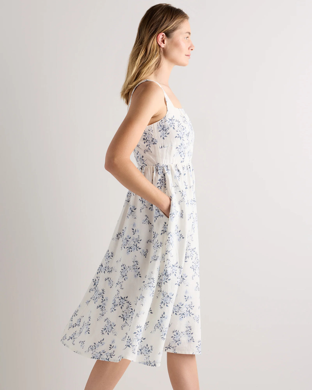 100% European Linen Fit & Flare Midi Dress - XS / Ivory Porcelain Blue Petite Floral