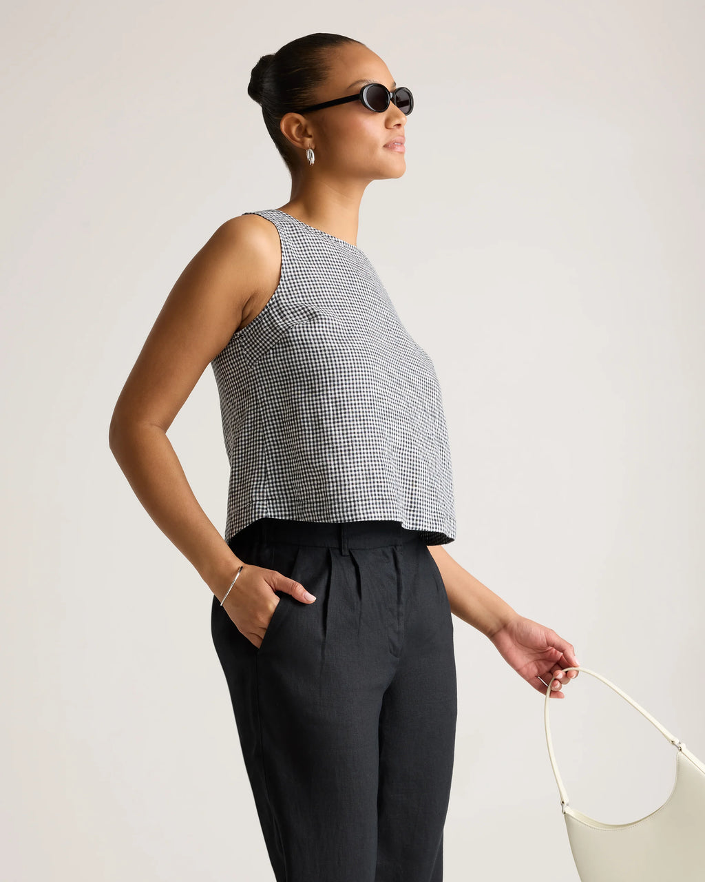 100% European Linen Cropped Tank - XS / Taupe Brown Gingham