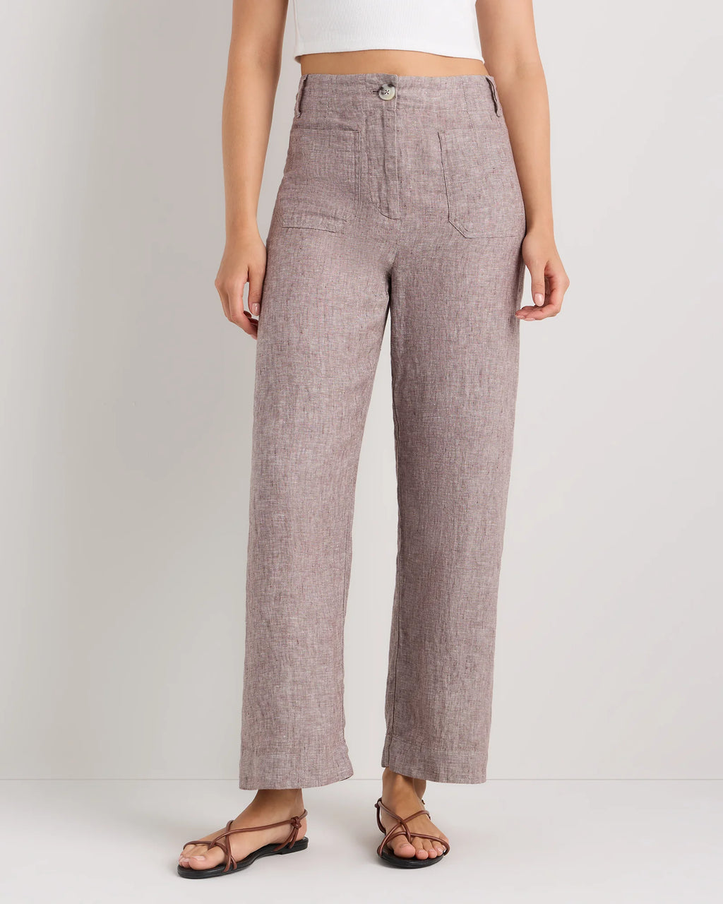 100% European Linen Patch Pocket Wide Leg Pants - 0 / Taupe Brown Chambray